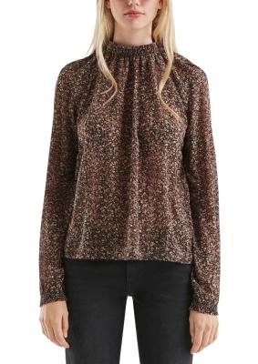 Feminine Bluse mit All Over Print und gesmocktem Stehkragen