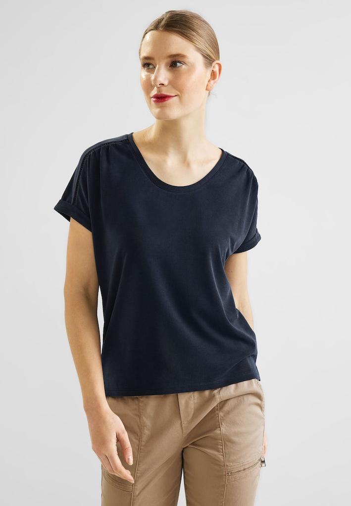 at Kurzarm Online-Shop | StreetOne silk Damen × shirt tape | T-Shirt • Rühle • Shirts INDIGO Softes T-Shirt • Damen look w.deco