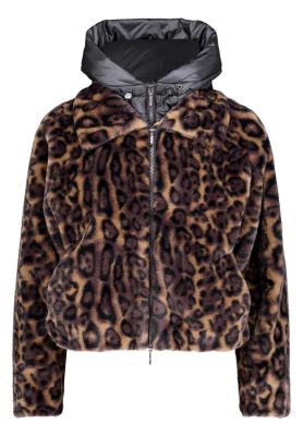 Damen-Plüschjacke mit Leo-Muster und integrierter Kapuze