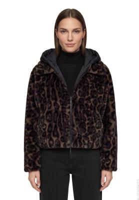 Damen-Plüschjacke mit Leo-Muster und integrierter Kapuze