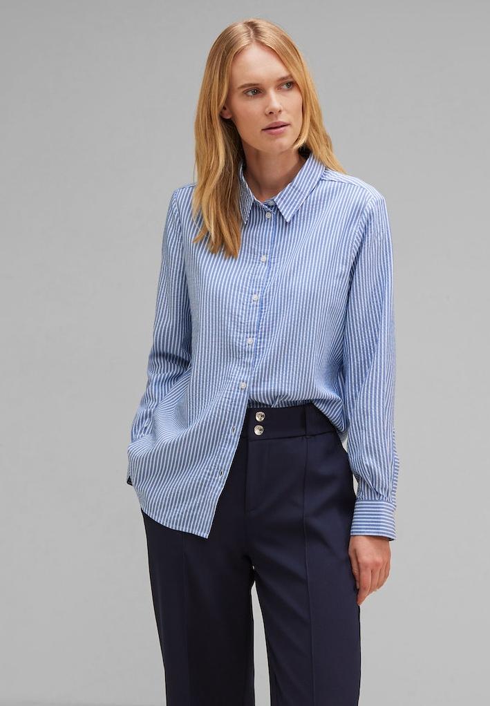 StreetOne Hemdbluse Bluse INDIGO • Online-Shop × blouse seersucker in | Langarm Blusen Rühle Seersucker-StreifenEOS_Striped • • Damen