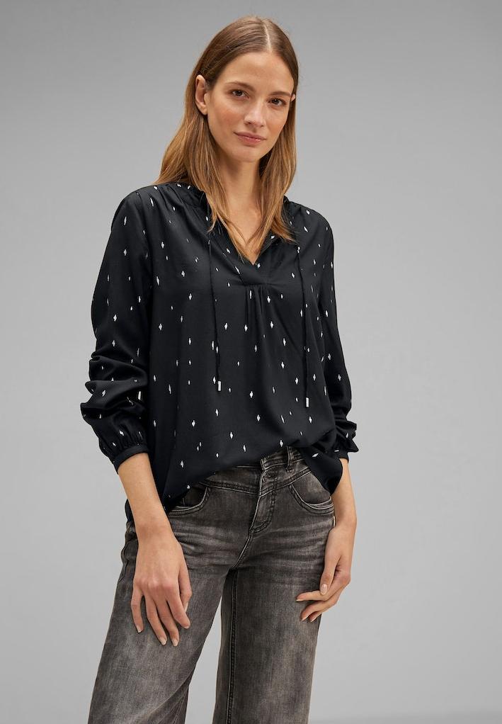 StreetOne Tunikabluse mit geschlitztem Rundhalsausschnitt | Tunic blouse w  frill and foilp • Damen Bluse Langarm • Blusen • Rühle × INDIGO Online-Shop
