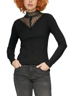 Rippshirt mit Spitzeneinsatz und Stehkragen