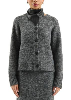 Flauschige Strickjage mit Rundhalsausschnitt in Melangeoptik